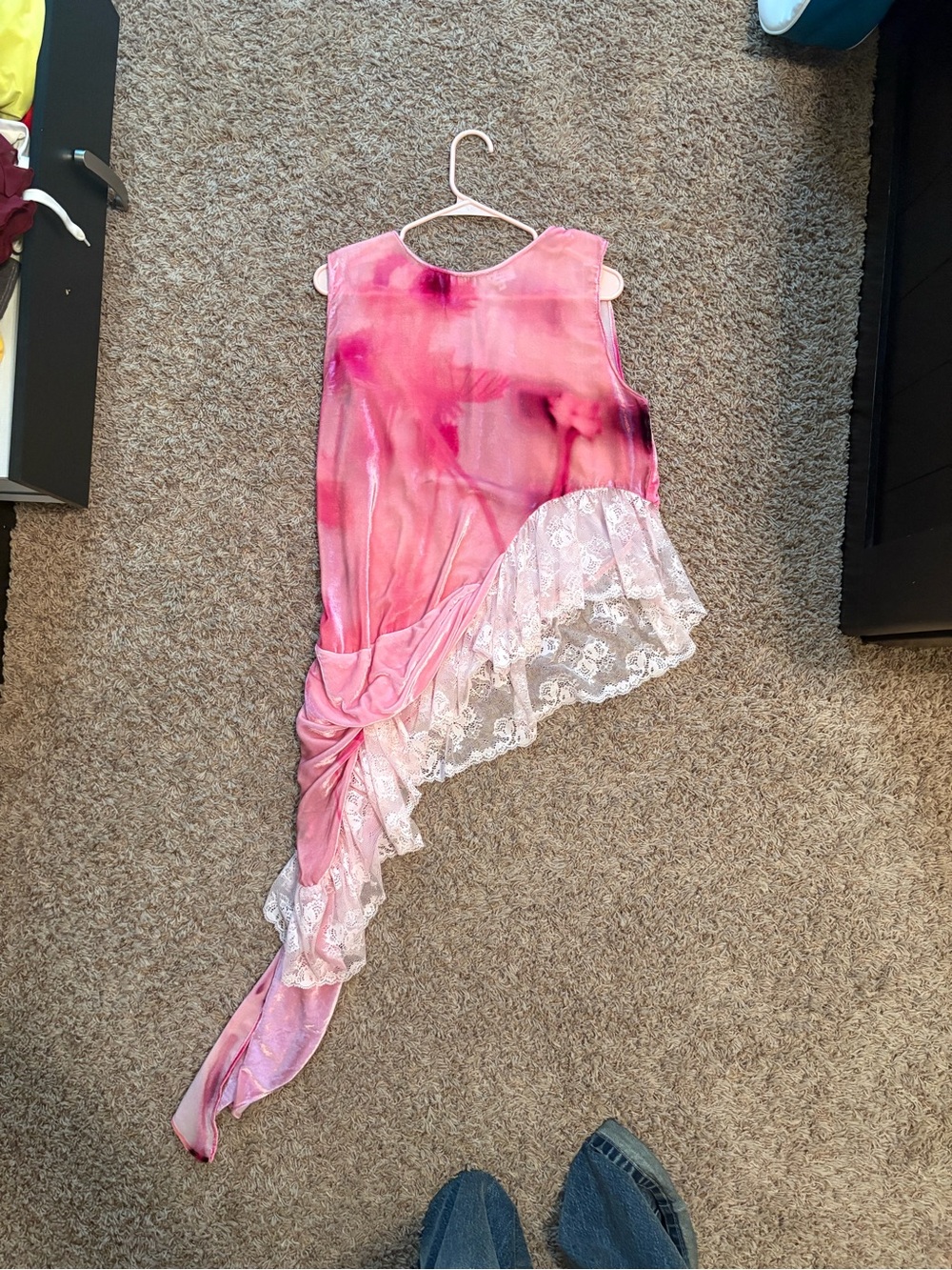 Pink Asymmetric Lace-Trim Sleeveless Blouse